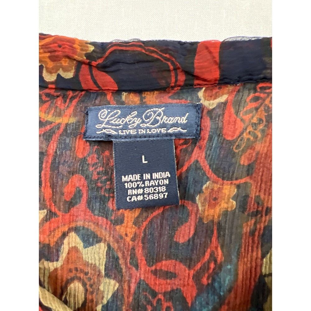 Lucky Brand Blouse Womens Large Multi Color Paisley Sheer High Low V-Neck Top - Picture 2 of 7